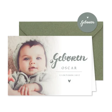 Geboortekaartje foto en handlettering grijsgroen